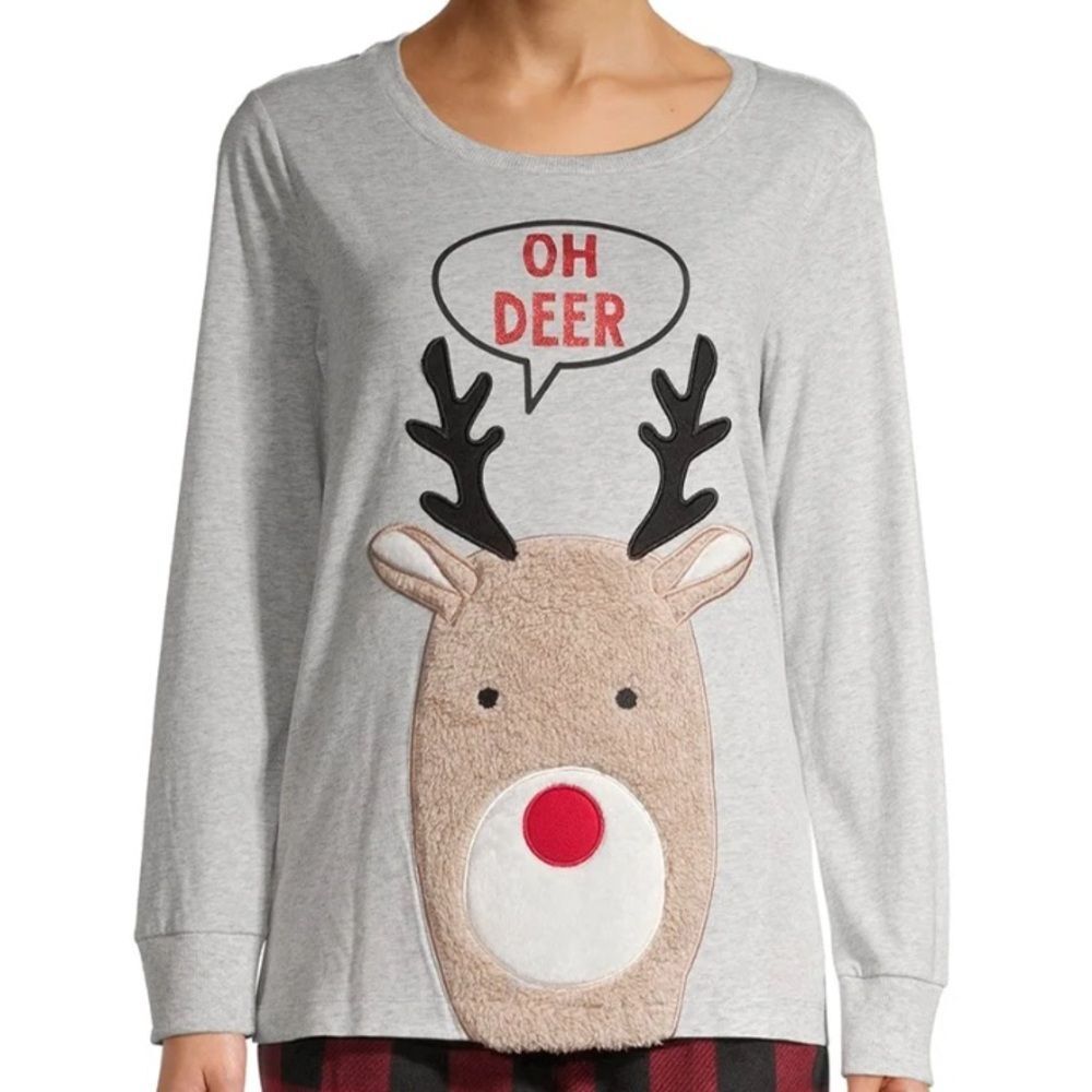 Light Gray “Oh Deer” Festive Reindeer Pajama Top Size XL